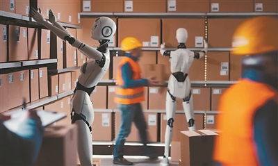 Warehouse robots working alongside humans in a fulfillment center